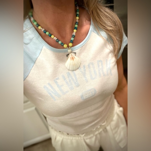 Seashell beaded pearl beach necklace nantucket yellow blue surfer girl toggle - Picture 3 of 14